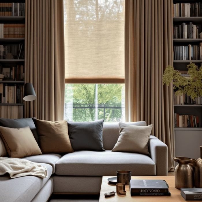 Living room home library window with woven wood shade framed by floor-length drapes behind a sectional sofa.