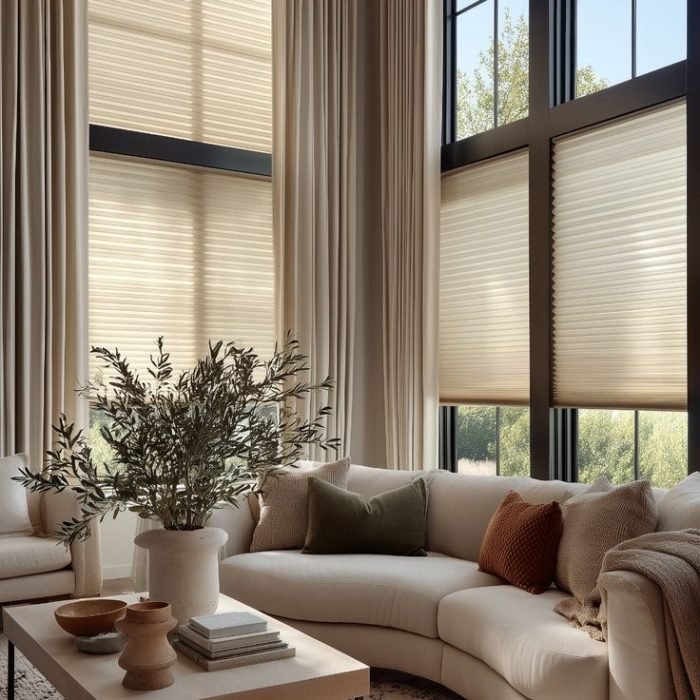 Tall black-framed windows with light-filtering cellular shades behind a curved neutral sofa.