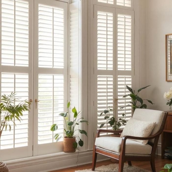 Tall arched windows fitted with white plantation shutters beside an accent chair and potted plants.