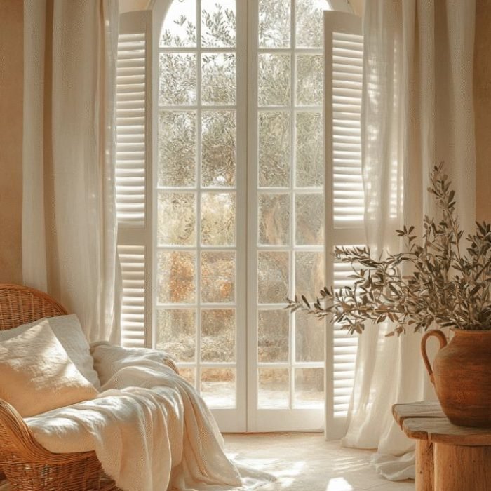 White plantation shutters and sheer drapes on an arched French door window overlooking a sunlit garden.